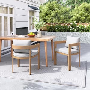 Calistae Teak Aluminum Outdoor Patio Dining Chairs with Light Gray Cushions, (Set of 2)