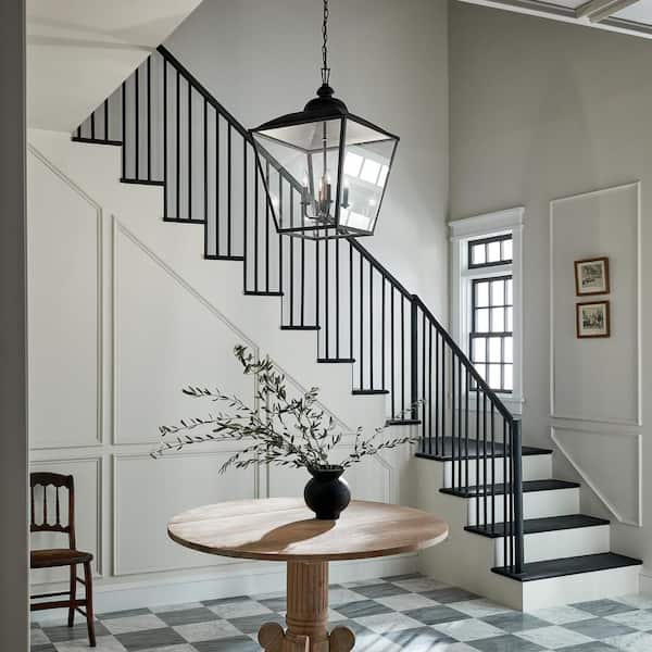 Dame 4-Light Textured Black Vintage Lantern Foyer Pendant Hanging Light with Clear Glass
