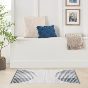 Astra Machine Washable Ivory Blue Doormat 2 ft. x 4 ft. Kids Geometric Contemporary Kitchen Area Rug