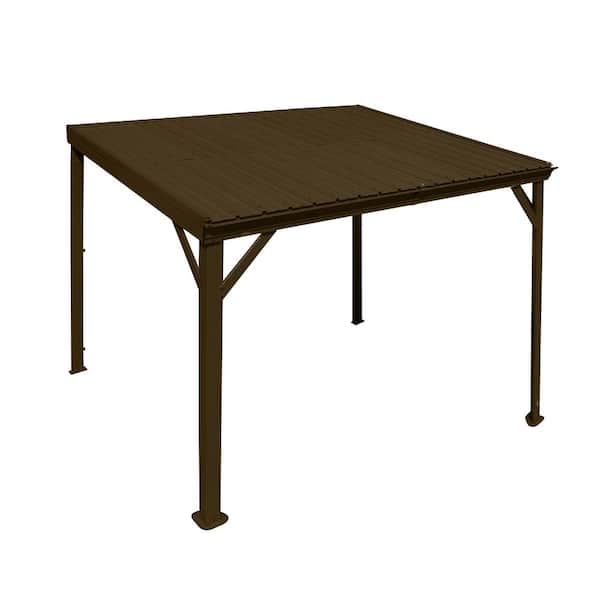 8 ft. x 10 ft. Brown Hardtop Wall Mounted Gazebo with Sloping Galvanized Steel Roof, Drainage System