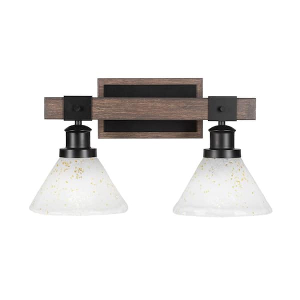 Unbranded Richmond 17.25 in. 2-Light Vanity Light Black/Painted Wood-look Metal with 7 in. Gold Ice Glass Shades no bulbs included