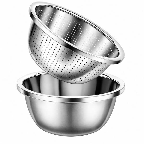 Silver 3 qt. 304 Stainless Steel Colander with Mixing Bowls, Strainer for Kitchen Food for Washing Vegetables (Set of 2)