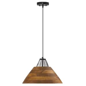 Cammie 1-Light Black Metal Cage Pendant Light with Cone-Shaped Mango Wood and Metal Cage Shade