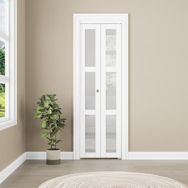 24 in. x 96 in. 3-Lite Frosted Glass Solid Core White Finished Glass Closet Bi-Fold Door with Hardware