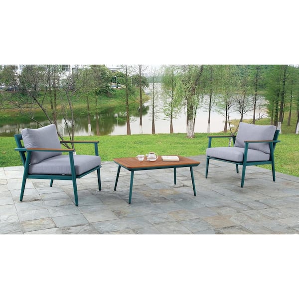 Gremash Green and Oak 3-Piece Aluminum Patio Conversation Set with Gray Cushions