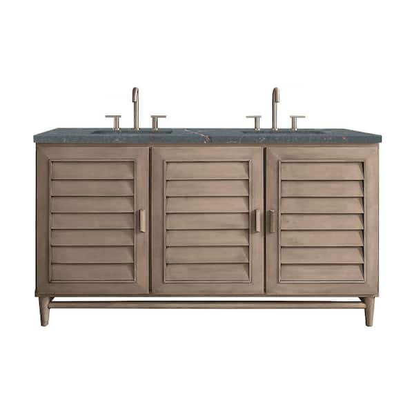 James Martin Vanities Portland 60.0 in. W x 23.5 in. D x 34.3 in. H Bathroom Vanity in Whitewashed Walnut with Parisien Bleu Top