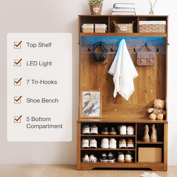 Hommpa Farmhouse Brown 39.4 in. W Hall Tree with LED Light Strip