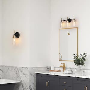 19.5 in. 3-Light Modern Brass Vanity Light, Black Industrial Bathroom Wall Sconce with Cylinder Clear Glass Shades