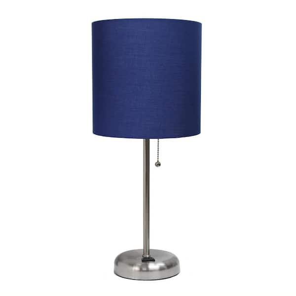 null 19.5 in. Navy Stick Lamp with Charging Outlet and Fabric Shade