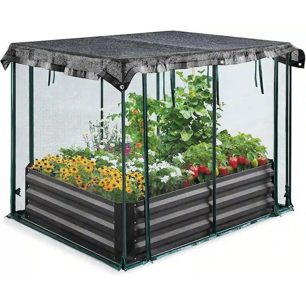 AFAIF 4 x 3 x1 ft. Galvanized Raised Garden Bed with Garden Anti-Bird Protection Netting Structure Galvanized Steel Planter