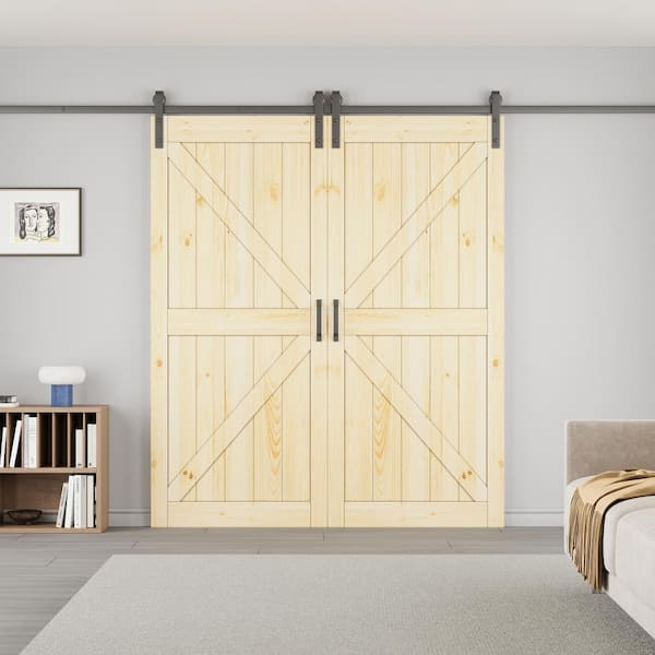 72 in. x 84 in. 2-Panel Pine Solid Wood Unfinished Double Sliding Barn Door Slab with Hardware Kit