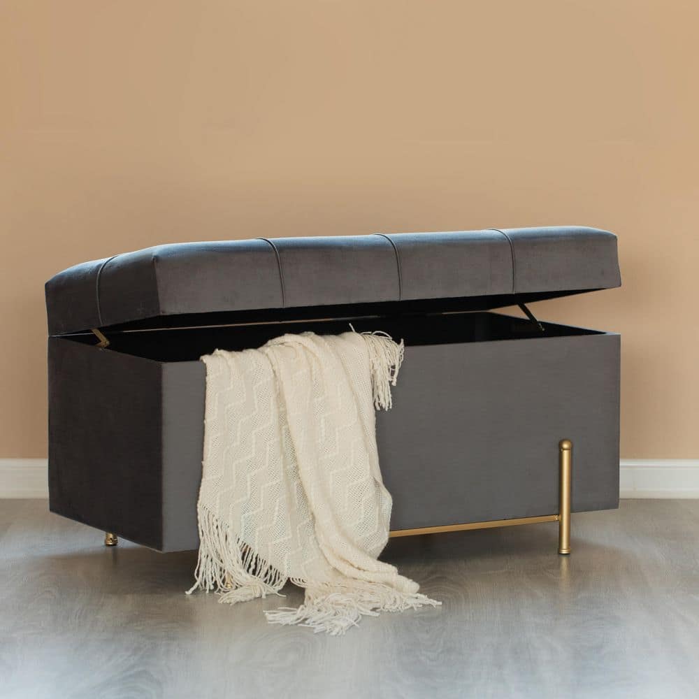 Gray Velvet Rectangular Storage Ottoman with Gold Legs