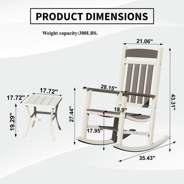 3-Piece White and Gray HDPE Outdoor Rocking Chair Set with Side Table