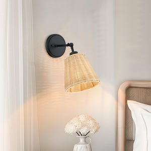 Adella 7.1 in. 1-Light Black Swivel Arm Rattan Wall Sconce