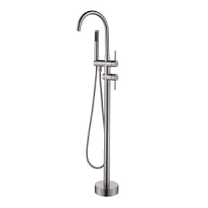 Jah Brass 2-Handle Floor Mount Freestanding Tub Faucet with Hand Shower in Brushed Nickel