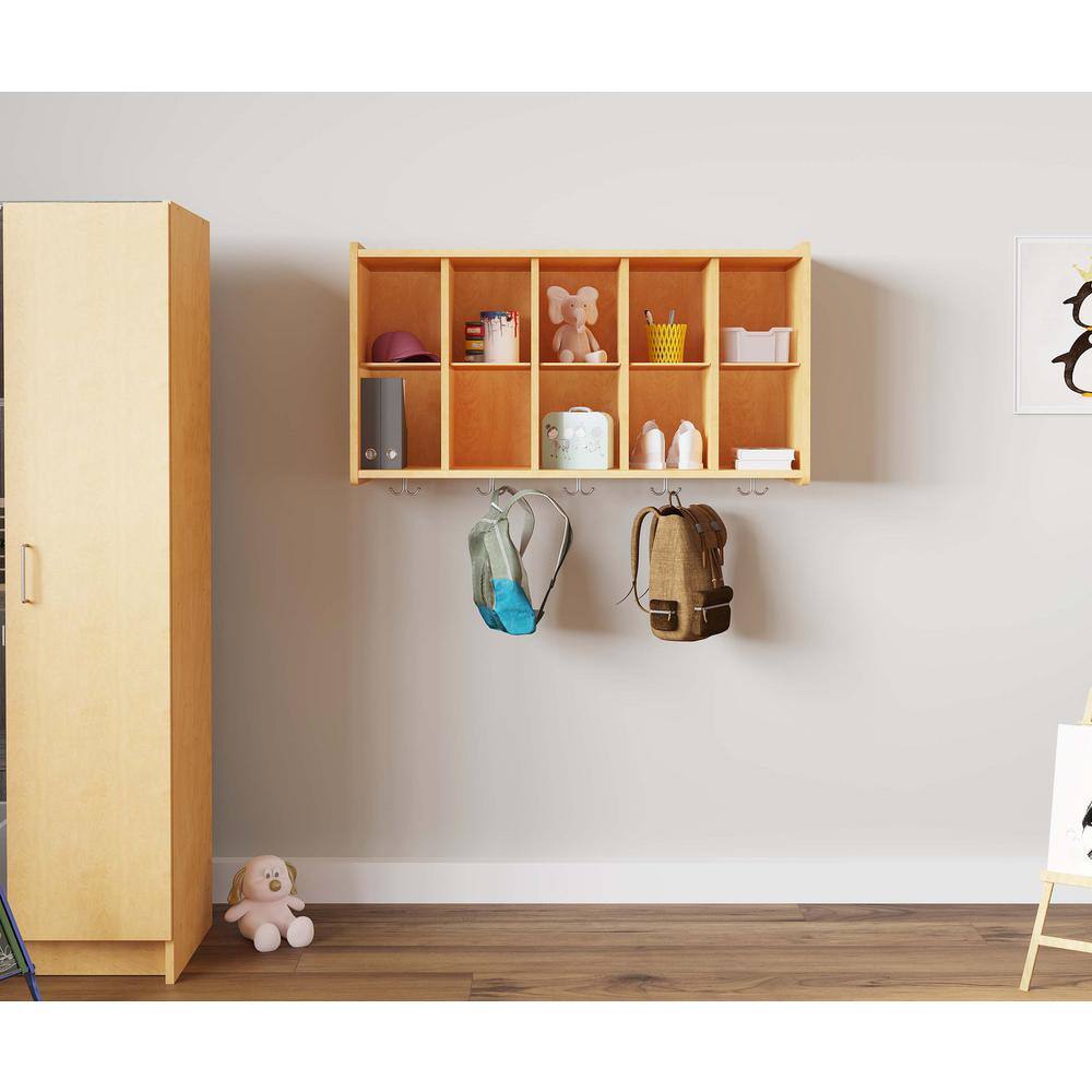 Maple Medium Wood Wall Shelf with Hooks and Cubbies