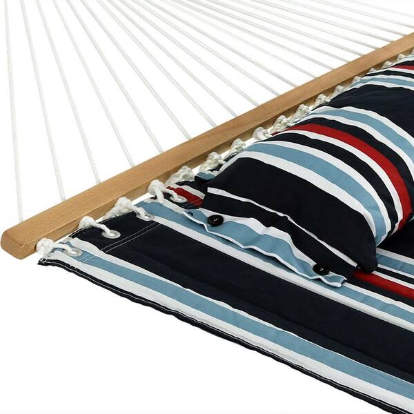 Sunnydaze Blue and Green 2-Person Outdoor Heavy-Duty 450-Pound Capacity Quilted Fabric Hammock with Spreader Bars and Black Universal Multi-Use Heavy-