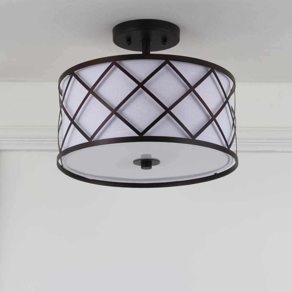 Transitional Elegance 13.25" Bronze LED Flush Mount with White Linen Shade