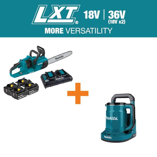 LXT 16 in. 18V X2 (36V) Brushless Chainsaw Kit with 4 Batteries (5.0 Ah) with bonus 36V (18V X2) LXT Hot Water Kettle