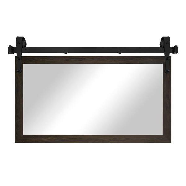 (40 in. W x 33 in. H) Black Walnut Modern Rustic Mirror with Steel Barn Door Rail