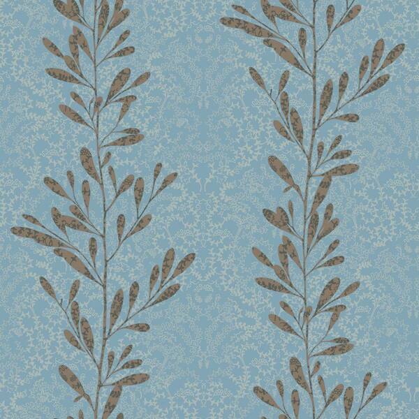 The Wallpaper Company 8 in. x 10 in. Brown and Blue Modern Leaf Stripe with Lace Damask Background Wallpaper Sample