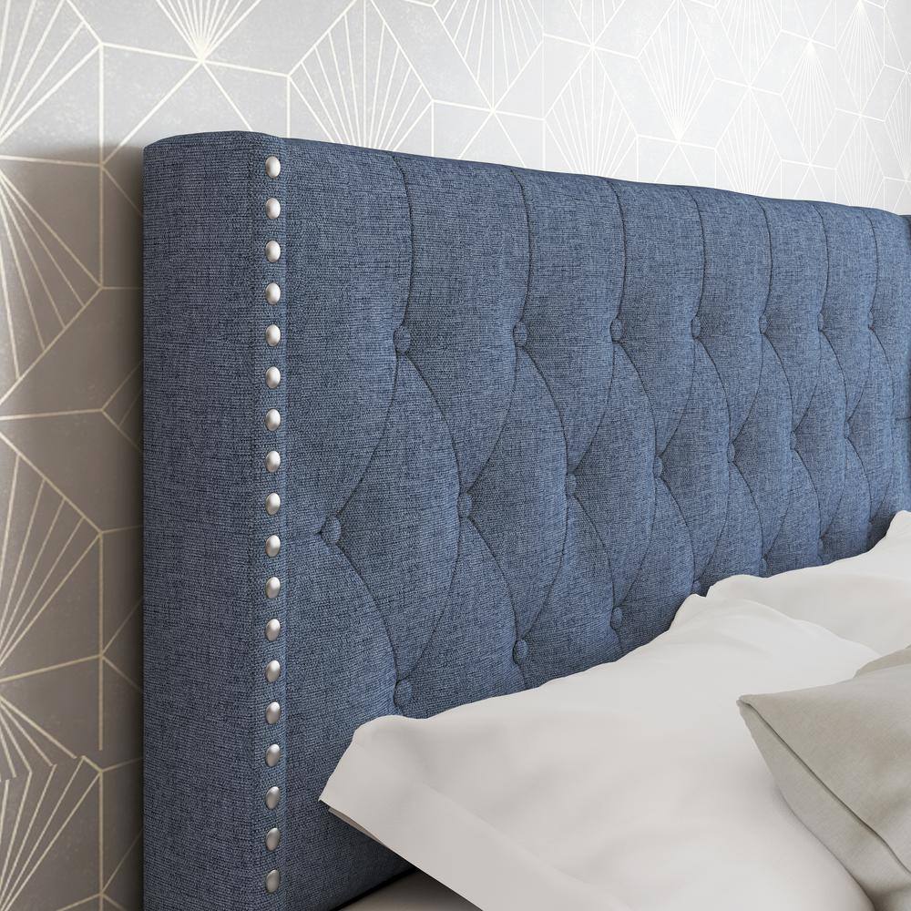 Sophia Blue Linen Queen Platform Bed with Tufted Wingback Headboard