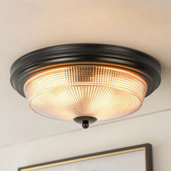 Pospisil 14.5 in. 2-Light Vintage Modern Black Cone Textured Glass Flush Mount Light with Glass Shade