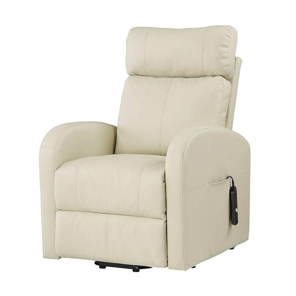 Beige 28'' PU Leather Swivel Recliner with Lift and Wood Accents