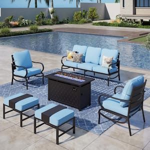 7 Seat 6-Piece Metal Outdoor Patio Conversation Set with Blue Cushions, Ottomans, Rectangular Fire Pit Table