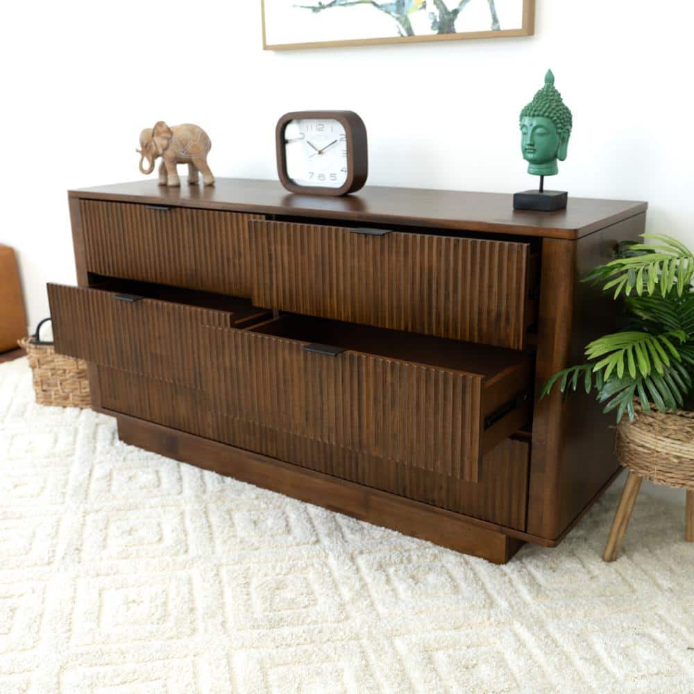 Walnut Brown Mid-Century Modern Solid Wood 6-Drawer Dresser
