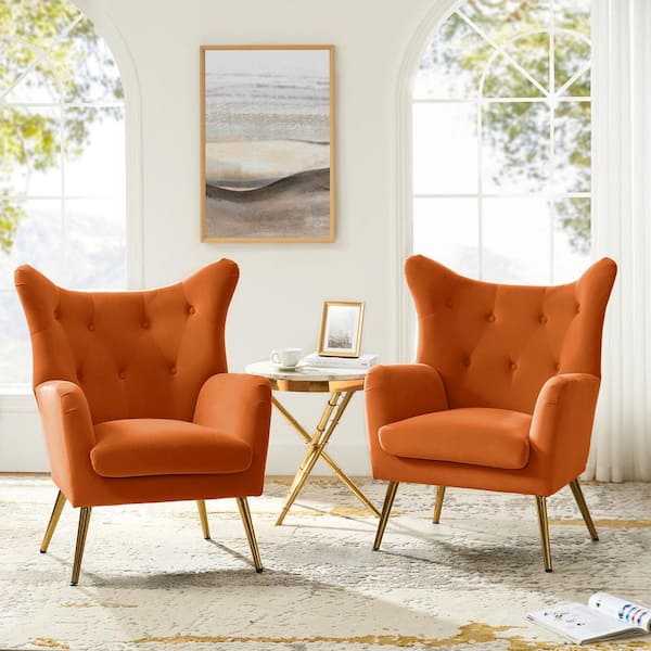 JAYDEN CREATION Jacob Orange Velvet Wingback Chair with Tufted