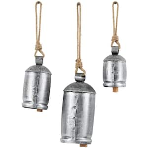 Gray Metal Tibetan Inspired Cylindrical Decorative Cow Bells with Jute Hanging Rope (3-Pack)