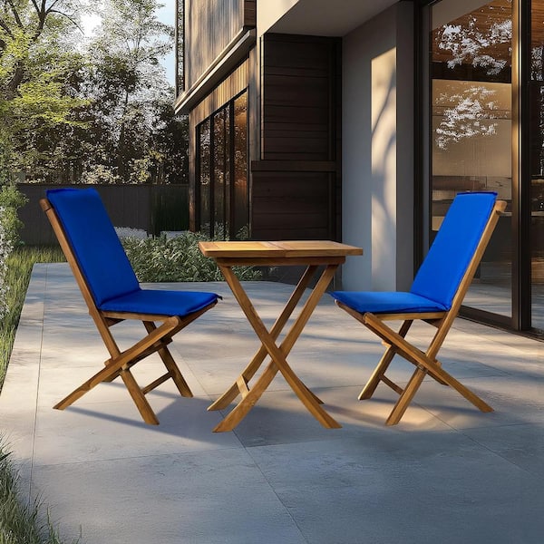 Kinger Home Leona 3-Piece Foldable Teawood Outdoor Bistro Set with Cushions For Patio