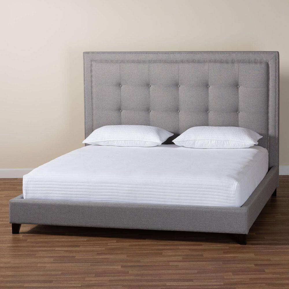 Elegant Gray Linen King Platform Bed with Tufted Headboard and Nailhead Trim