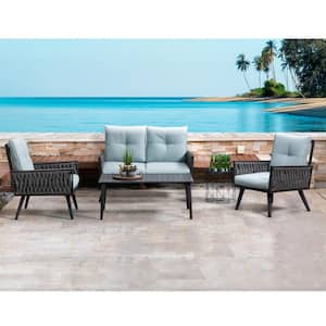 4-Piece Outdoor Wicker Patio Conversation Set with Blue Cushions and Steel Frame