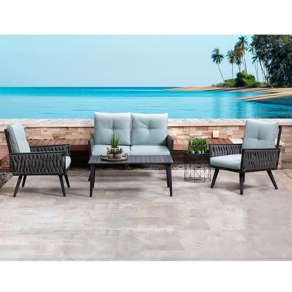 Glitzhome 4-Piece Outdoor Wicker Patio Conversation Set with Blue Cushions and Steel Frame