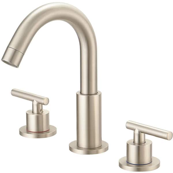 PERLIRIA INC 8 in. Widespread Deck Mount Double Handle Bathroom Sink Faucet, 3-Hole Bathroom Faucet with Drain in Brushed Nickel