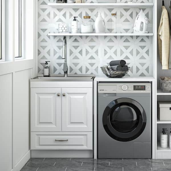 Simpli Home Lawrence All-in-One 28-inch Utility Laundry Sink Cabinet, Pure White