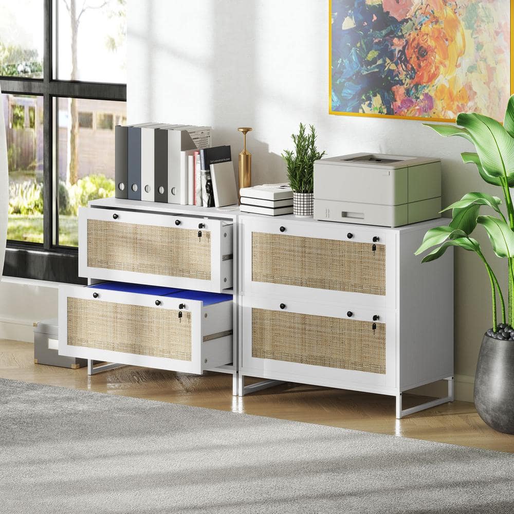 White and Rattan 2-Drawer Lockable Vertical File Cabinet