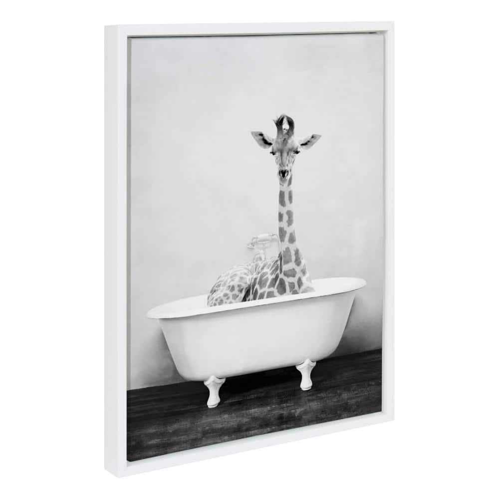 Whimsical Giraffe in Tub Framed Canvas Wall Art