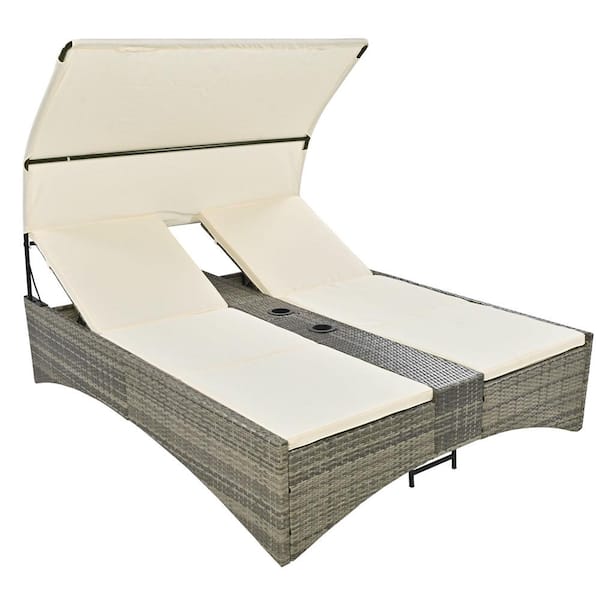 JimsMaison Green Wicker Outdoor Day Bed with Cream Cushions and Shelter Roof
