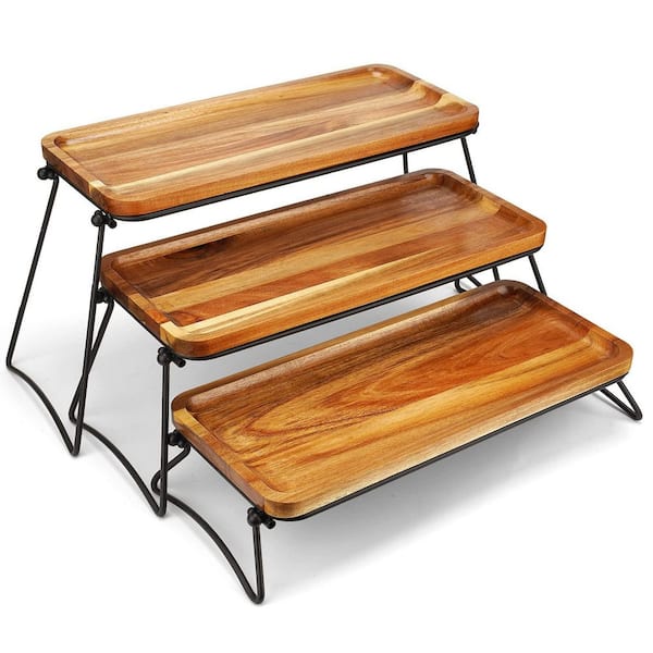 3-Tier Brown Acacia Wood Cake Stand with Collapsible Rack, Stackable Trays for Party Serving, Decorative Tiered Decor