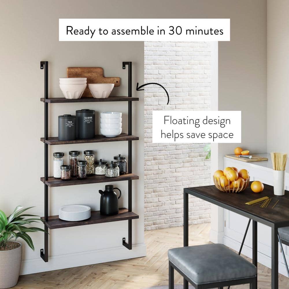 Nutmeg and Matte Black 42" Wood and Metal Floating Wall Shelf