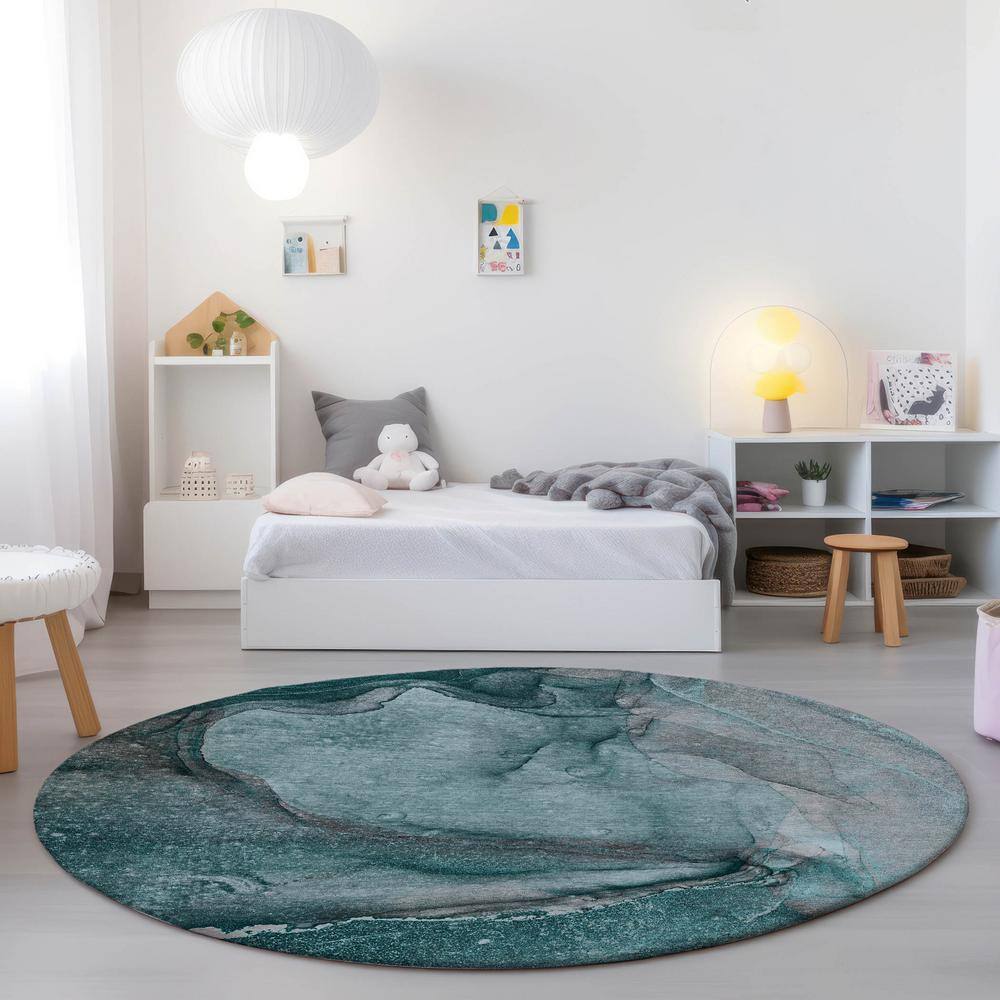 Teal Abstract Round Machine-Washable Area Rug with Non-Skid Backing