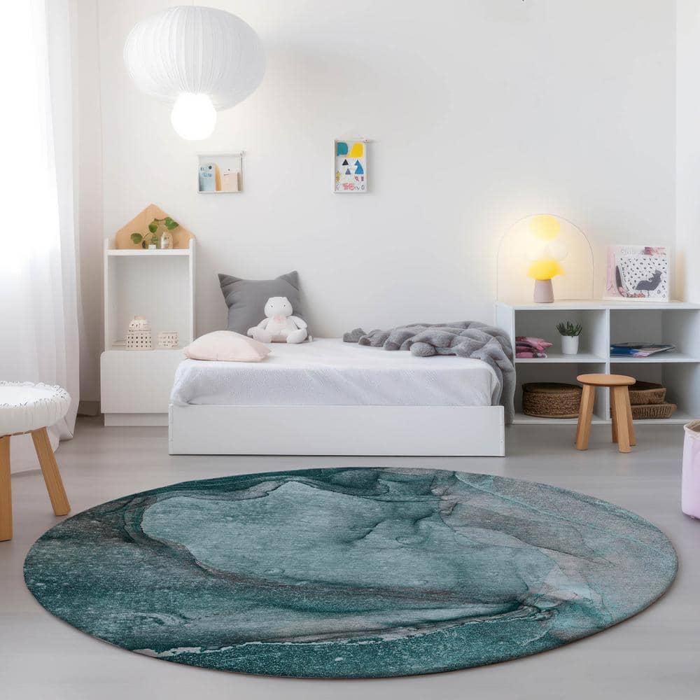 Teal Abstract Round Machine-Washable Area Rug with Non-Skid Backing