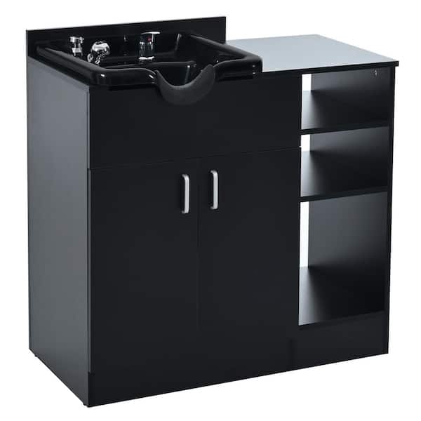 Unbranded Black 35.8 in. H Shampoo Backwash Station for Salons, Salon Station with Shampoo Bowl and Open Storage Shelves
