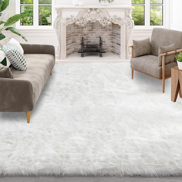 Sheepskin Faux Furry White Cozy Rugs 6 ft. x 9 ft. Area Rug