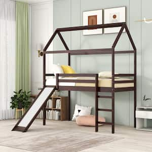 Espresso Wood Frame Twin Size House Loft Bed with Slide, Roof Design