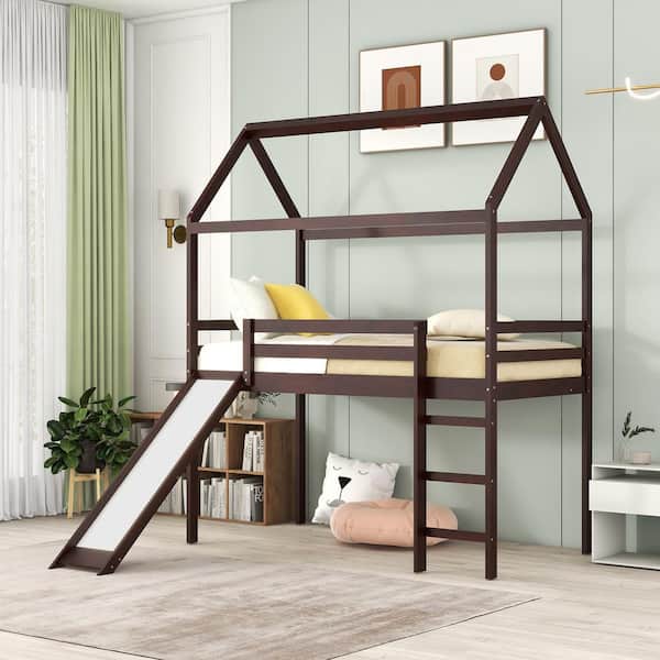 Harper & Bright Designs Espresso Wood Frame Twin Size House Loft Bed with Slide, Roof Design