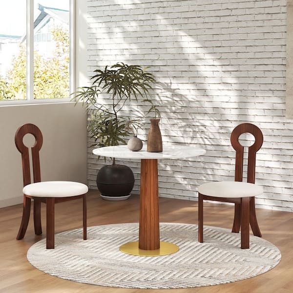 33 in. Modern Round White Sintered Stone Tabletop Dining Table with Solid Wood Pedestal (Seat 2)